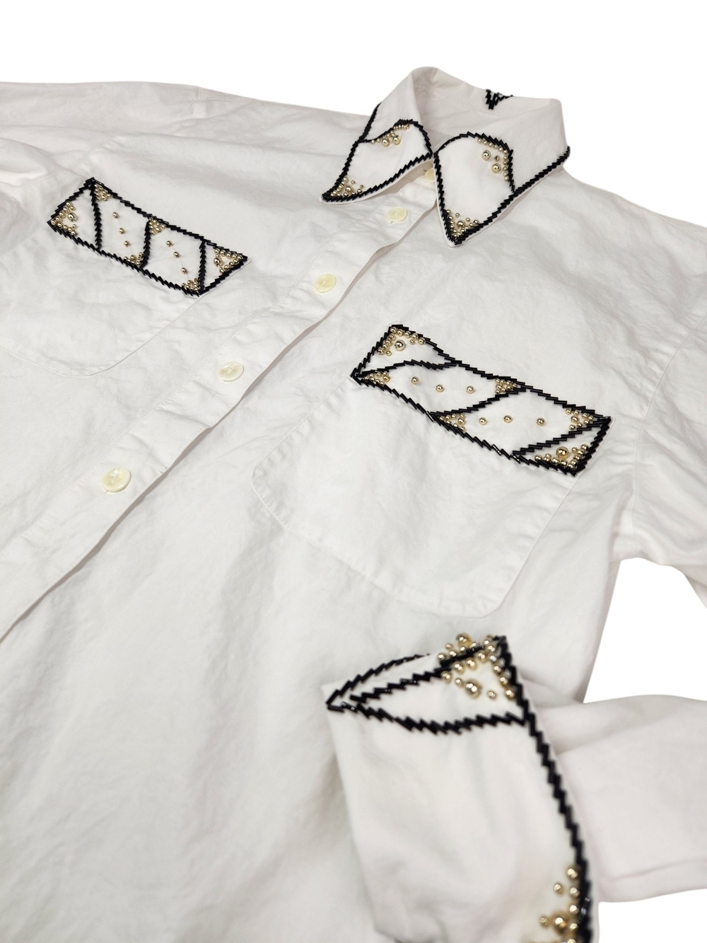 Vintage White Western Button Down Shirt Beaded Studded Embellished Long Sleeve 6 - Picture 10 of 16